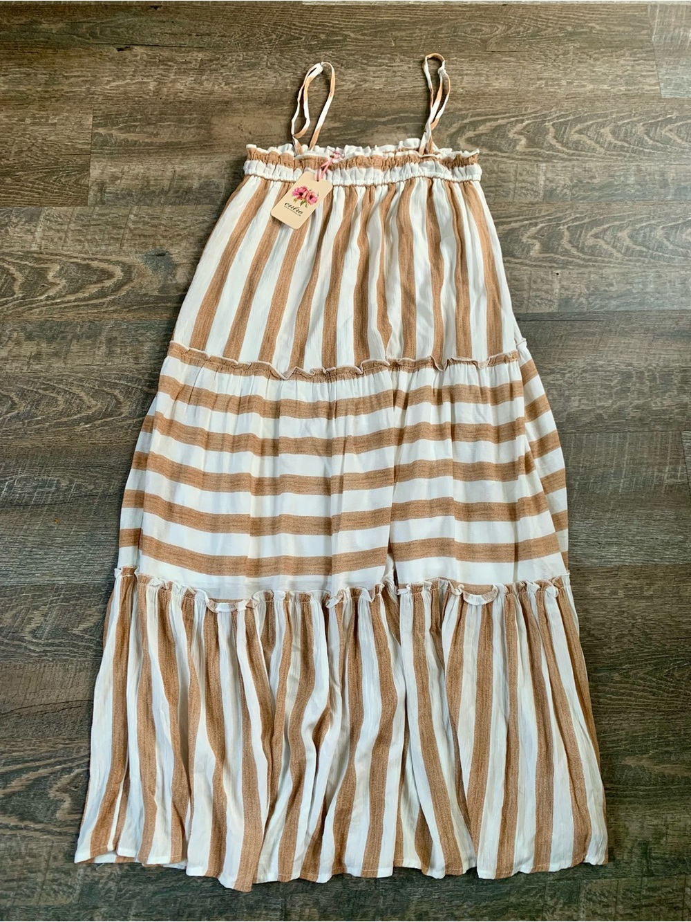 entro Striped MIDI Dress in White and Khaki